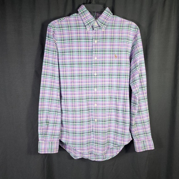 Ralph Lauren Mens Slim Fit Stretch Oxford Shirt Purple Green Plaid Small S - Picture 2 of 8